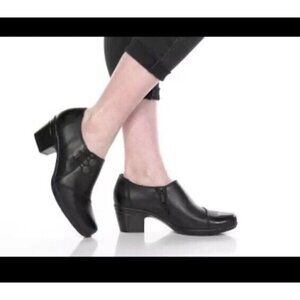 Clarks Emslie Warren Ortholite Ankle Bootie Black Leather Block Heel Pumps Sz 11